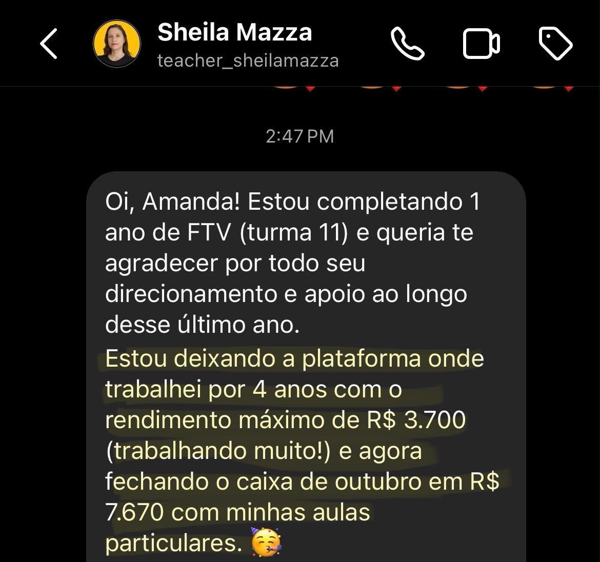 Depoimento de aluna 17 da Formação de Professores de Idiomas
